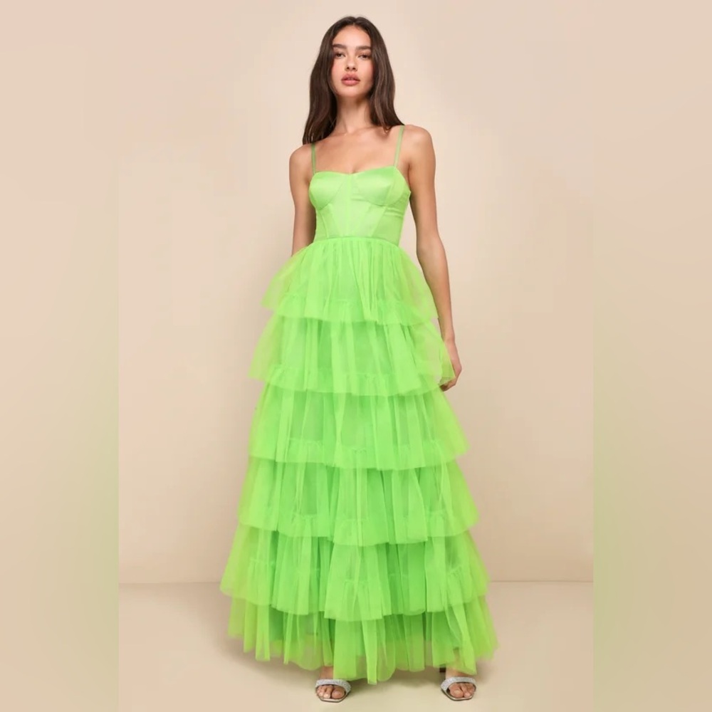 Lulus Brat Summer XL Rule the Runway Lime Green Tulle Bustier Tiered Maxi Dress
